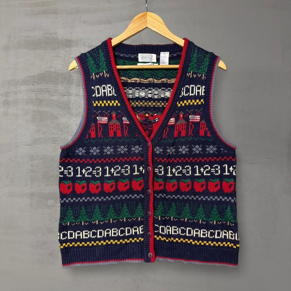 Vintage Ashley Hand Knit Retro Teacher School 80s‎ Cardigan RARE Sweater XL